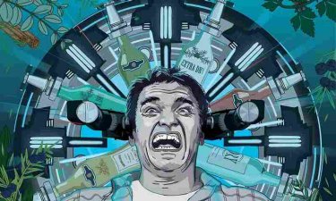 Graphic of man with drinks bottles round his head